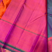 Dual tone Green Short with Orange Buttas Handwoven Pure Jari Kanjivaram Silk Saree with rich pallu and contrast woven blouse