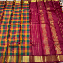 Palum Pazhamum Checks with Arakku  mayilkan borders classic seer rich pallu and contrast woven blouse