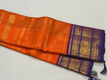 Vaibhogam- Stunning Orange with Purple Handwoven Pure Zari Korvai Kanjivaram Silk with Jari Veldhari woven body with beautiful Varisaipet borders rich pallu and contrast woven blouse