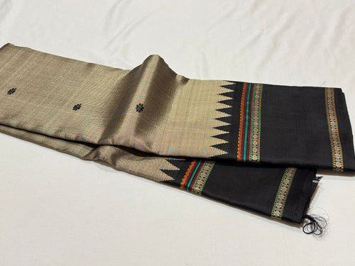 Stunning Grey with Black Buttas Korvai Handwoven Pure Zariless Kanjivaram Silk Saree Beauty with temple borders
