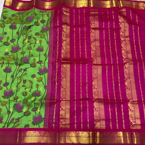 Parrot Green with Pink Handwoven Pure Korvai Kanjivaram Silkcotton Handpichwai Blockprinted Beauty