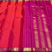 Nayaki- Orange with Pink Handwoven Pure Jari Kanjivaram Silk with Small borders with green selvedges with rich seer pallu and contrast woven blouse