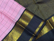 Sarasangi- Gorgeous Soft Pink with Black Handwoven Pure Jari Korvai Kanjivaram Silk with beautiful checked body rich borders pallu and contrast woven blouse