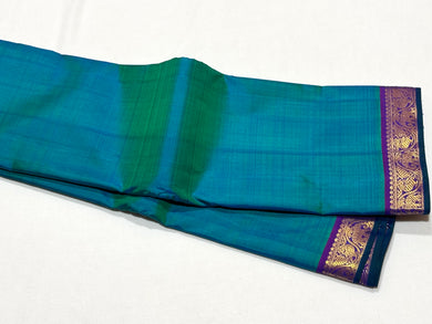 Peacock Blue Green with Purple Handwoven Pure Kanjivaram Silk Saree with Small Borders Beauty