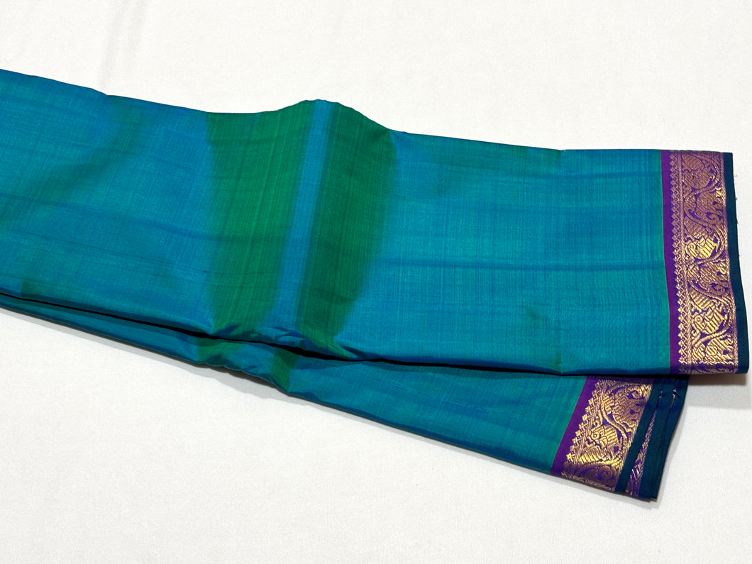 Peacock Blue Green with Purple Handwoven Pure Kanjivaram Silk Saree with Small Borders Beauty