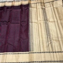 Saraswati- Gorgeous maroon and black striped handwoven pure premium zariless korvai kanjivaram silk with offwhite rudrakshas woven rettapet borders rich seer pallu and contrast woven blouse