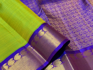 Parrot Green with Violetish Blue Handwoven Pure Jari Korvai Kanjivaram Silk Saree Beauty