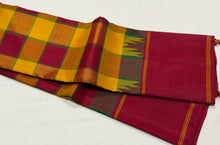 Saraswati- Multichecks Palum Pazhamum with Arakku Handwoven Pure Korvai Kanjivaram Premium Zariless Silk with temple borders rich seer pallu and contrast woven blouse