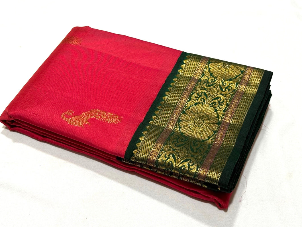 Dual tone Deep tomato Pink with Bottle Green Korvai Handwoven Pure Jari Buttas Woven Kanjivaram Silk Saree Beauty