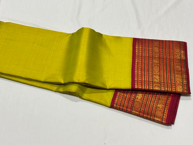Tradition Rich Double Tone Golden Green Sampanga with Deep Arakku Red Vintage Design Borders Pallu Handwoven Pure Jari Korvai Kanjivaram with Varisaipet Borders beauty