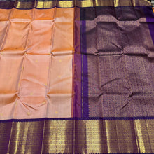 Vaibhogam -Mesmerizing Sandal with Purple Handwoven Pure Jari Korvai with Mayil and kuyil buttas Handwoven Kanjivaram with rich long and short borders beautiful pallu and contrast Purple Blouse