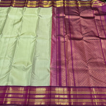 Vintage Recreation- Pastel Green with Deep Magenta Purple Kai Korvai Handwoven Pure Jari Kanjivaram Silk Saree with Varisaipet intricate motifs woven borders rich pallu and contrast woven blouse beauty