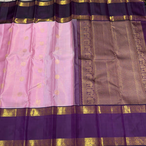 Lotus Pink with Deep Purple Vairaoosi with Buttas Handwoven Pure Jari Korvai Kanjivaram Silk Saree Beauty with Long Doublepet Borders