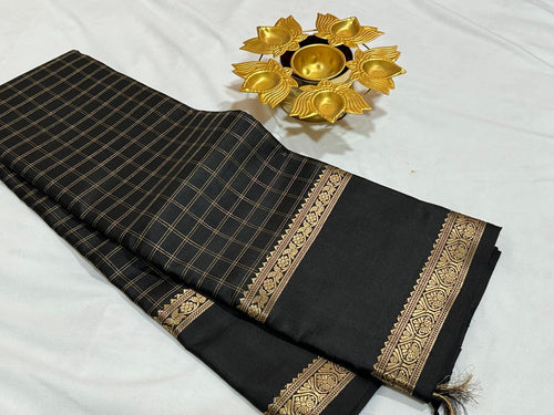 Vintage Recreation Series-Black with Gold Jari Checked Handwoven Pure Kanjivaram Silk Saree with Mutliple animals woven into a single motif pallu with doublepet borders Beauty