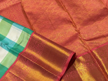 Pastel Palum Pazhamum Checks with Peach Handwoven Pure Jari Korvai Kanjivaram Silk Saree with rich borders beautiful pallu and contrast woven peach blouse