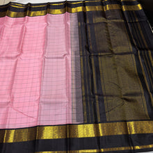 Sarasangi- Gorgeous Soft Pink with Black Handwoven Pure Jari Korvai Kanjivaram Silk with beautiful checked body rich borders pallu and contrast woven blouse