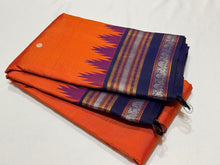 Rustic Orange with Navy Blue Buttas with temple borders Korvai Zariless Handwoven Pure Kanjivaram Silk Saree Beauty