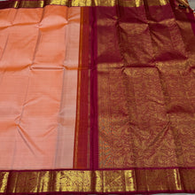 Sarasangi-Gorgeous Light Peach with Arakku Red Handwoven Pure Korvai Kanjivaram Silk with rich yazhis and peacocks woven beautiful borders rich parrots woven pallu and contrast woven blouse