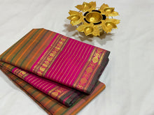 Vintage Inspired- Brown and Peach Multistriped Veldhari Style with Pink Handwoven Pure Jari Kanjivaram Silk Saree Beauty