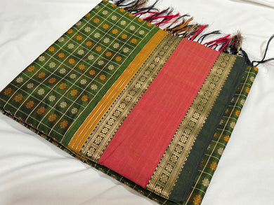 Gorgeous Forest Green with Double tone Orange 1000 Floral Buttas Handwoven Premium Kanjivaram Silkcotton Saree Beauty