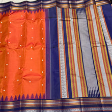 Rustic Orange with Navy Blue Buttas with temple borders Korvai Zariless Handwoven Pure Kanjivaram Silk Saree Beauty