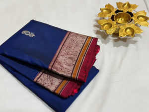 MS Blue with Deep Maroonish Red Premium Handwoven Pure Zariless Kanjivaram Silk Saree beauty with peacocks woven rich pallu with mango motifs woven body beautiful double birds and yazhis woven borders beauty
