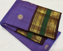 Sahana- Gorgeous December Poo with Coffee Brown Handwoven Pure 2g Jari Kanjivaram Silk with buttas woven body with beautiful borders rich and intricate pallu and contrast woven beautiful blouse