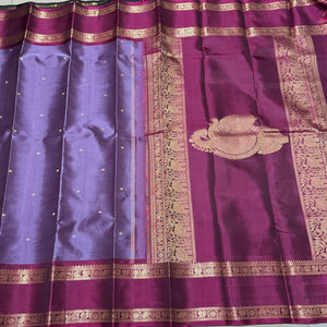 Mauve with Deep Maroonish Magenta Buttas with Rettapet Borders Handwoven Pure Jari Kanchipuram Silk Saree with Peacock Butta woven pallu beauty