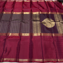 Sahana -Stunning Deep Brown  with Deep Maroonish Brown Handwoven Pure Jari Kanjivaram Silk with Lakshadeepam Mubbagam Style woven beautiful body with long borders rich pallu and self color blouse with maroonish brown borders