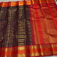 Vaibhogam- Gorgeous Coffee Brown with Red Handwoven Pure Zari Kanijivaram Silk with rich jari checks and meena buttas woven beautiful body with rich borders pallu very intricately woven and contrast woven blouse