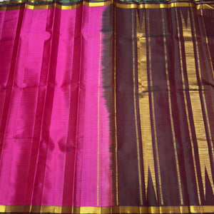 Bright Pink with Dual tone Manthulir Brown Small Border Handwoven Pure Light Weight Kanjivaram Silk Saree Beauty with Striped body