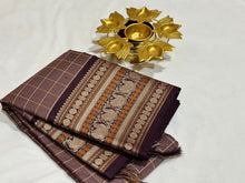 Light Brown with Dark Brown Checks with Sorgavasal Pallu Varisai Borders Handwoven Pure Zariless Kanchipuram Silk Saree Beauty