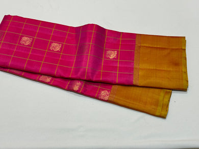 Rani Pink  with Golden Sampanga Checks with 1000 buttas style woven Handwoven Kanjivaram Silk Saree with classy plain borders rich pallu and contrast woven blouse beauty