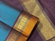 Raman Blue with Brown Spaced Borders Handwoven Pure Jari Kanjivaram Silk Saree Beauty