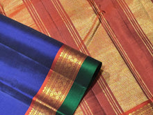 MS Blue with Rust Handwoven Pure Kanjivaram Silk Saree with spaced borders rich pallu and contrast woven blouse beauty