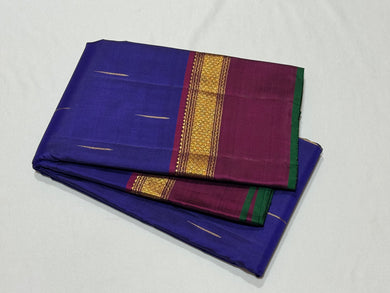 MS Blue with Deep Wine Mallimoggu with Spaced Borders and Green Selvedges Handwoven Pure Jari Kanjivaram Silk Saree Beauty