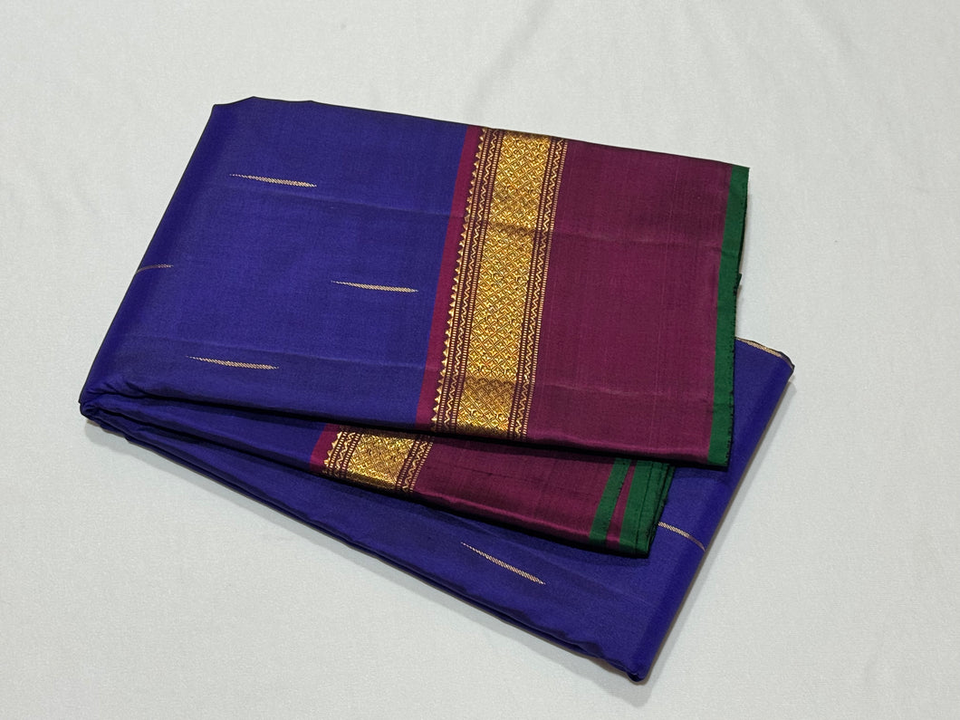 MS Blue with Deep Wine Mallimoggu with Spaced Borders and Green Selvedges Handwoven Pure Jari Kanjivaram Silk Saree Beauty