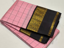 Sarasangi- Gorgeous Soft Pink with Black Handwoven Pure Jari Korvai Kanjivaram Silk with beautiful checked body rich borders pallu and contrast woven blouse
