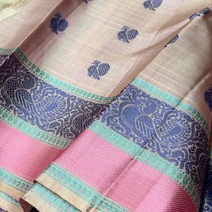 Lavendar with Greyish White Handwoven Pure Soft Zariless Kanchipuram Silk Saree Beauty