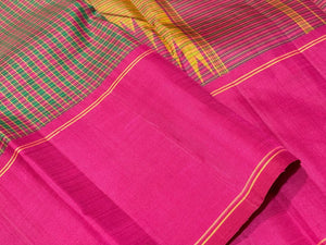 Vintage Inspired Multichecks Podikattam with Arakku Pallu Blouse with Striped Blouse Handwoven Pure Zariless Kanchipuram Silk Saree