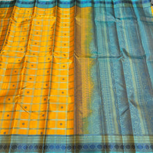 Gorgeous Golden Mustard with Turquoise Blue and Peacock Blue Handwoven Pure Zariless 1000 buttas style woven beautiful Kanjivaram Silk with rich borders pallu and contrast woven blouse