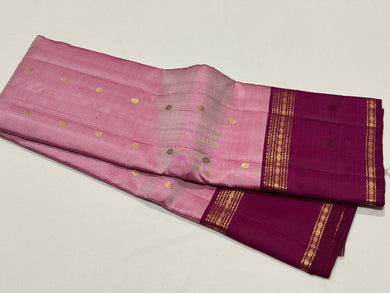 Lotus Pink with Deep Wine Buttas with Rettapet Borders Handwoven Pure Kanjivaram Silk Saree with rich classy pallu and contrast woven blouse beauty