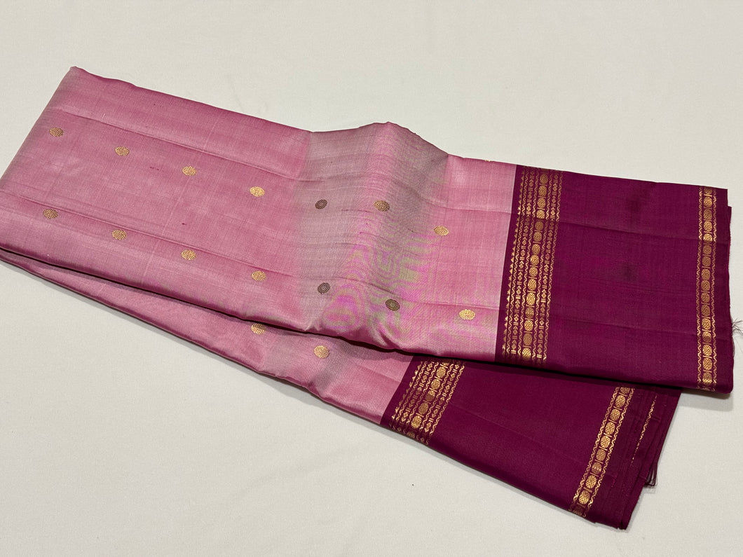Lotus Pink with Deep Wine Buttas with Rettapet Borders Handwoven Pure Kanjivaram Silk Saree with rich classy pallu and contrast woven blouse beauty