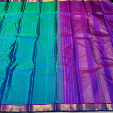 Dual tone Peacock Blue Green with Purple Handwoven Pure Kanjivaram Silk Saree Small Borders Beauty