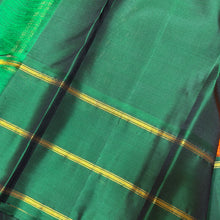 Sarasangi- Orange with Bottle Green Handwoven Pure Jari Korvai Kanjivaram Silk with podikattam woven body beautiful borders rich seer pallu and contrast woven blouse