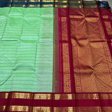 Vaibhogam-Gorgeous Korvai Veldhari in a beautiful pastel green with peacock blue and arakku Ganga Jamuna Borders Handwoven Pure Jari Kanjivaram Silk with rich pallu and contrast woven blouse beauty