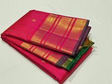 Dual tone Rose Pink with Vairaoosi Jari Checks with Green Blouse with Mayil Chakram Buttas Handwoven Pure Kanchipuram Silk Saree Beauty