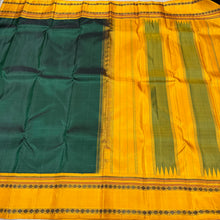 Premium Zariless Weave- Bottle Green with Yellow Handwoven Pure Zariless Korvai Kanjivaram Silk with Rudrakshaper Borders classic rekku pallu and contrast woven blouse beauty