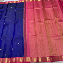 Deep Blue with Rose Pink Korvai with Buttas Small borders Handwoven Pure Kanjivaram Silk Saree Beauty