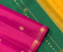 Saranga- Stunning Deep Rani Pink with Mayil Chakram Buttas woven body Handwoven Pure 2g Jari Kanjivaram Silk with double colored pallu and rich contrast golden mustard blouse